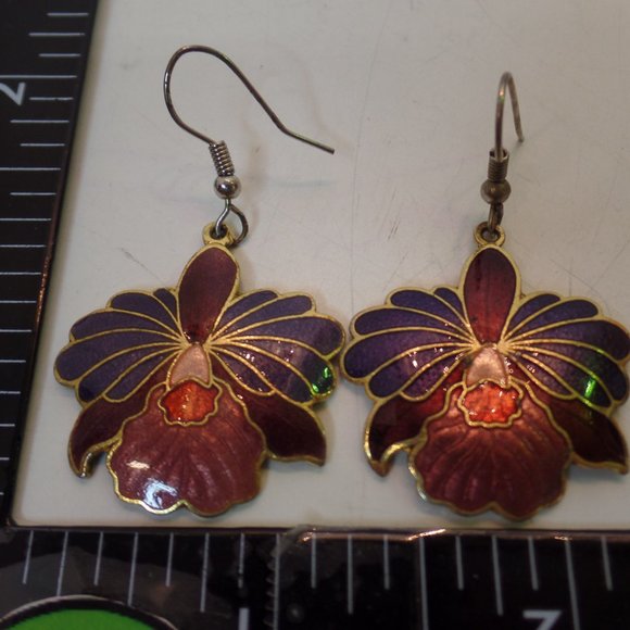 Vintage Cloisonné Floral Pattern Ear Rings Goldtone Backs & Hook Closure - Picture 4 of 5